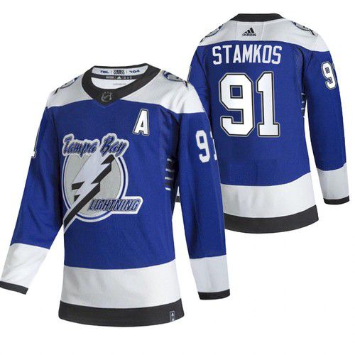 Men Tampa Bay Lightning #91 Stamkos Blue NHL 2021 Reverse Retro jersey